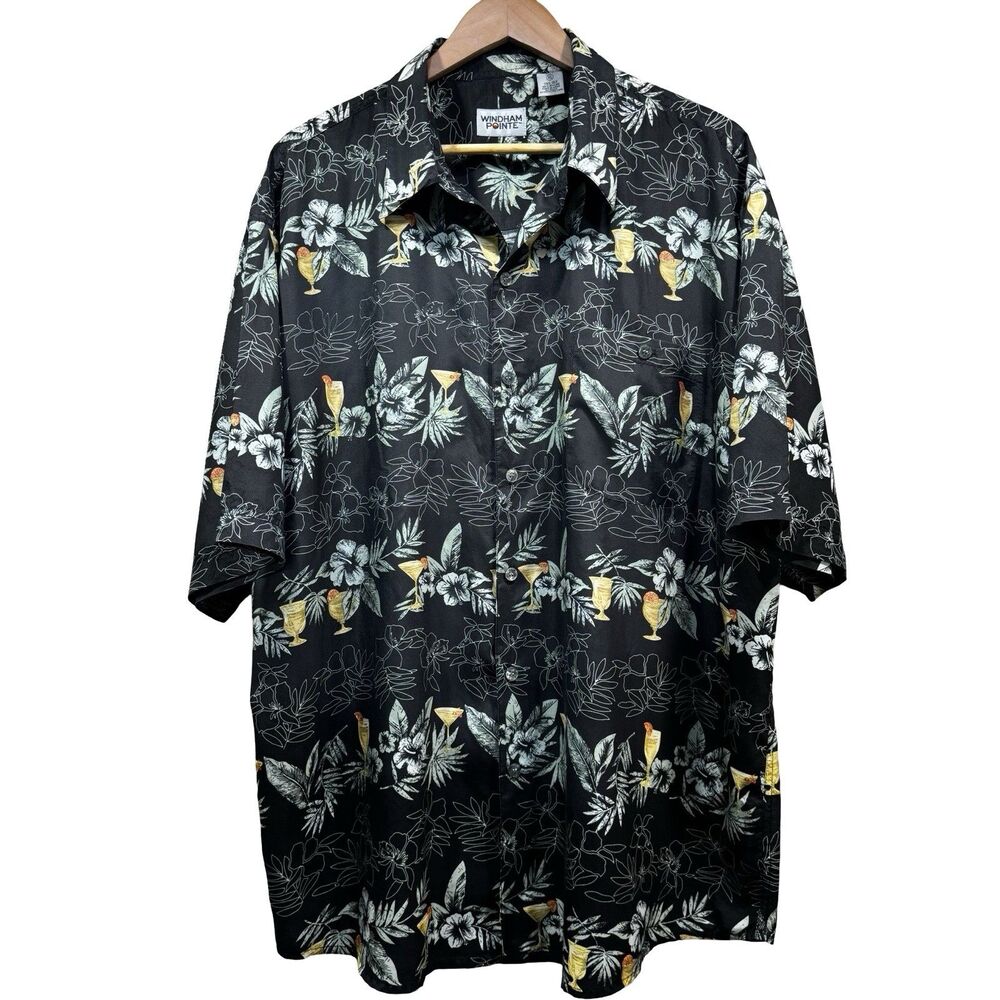 WINDHAM POINTE Mens Size XL Silk Blend Hawaiian Button Up Shirt Vintage Black